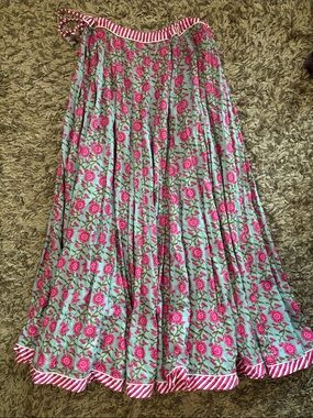 Laura Park Pink Floral Maxi Skirt in Mint with Striped Trim.